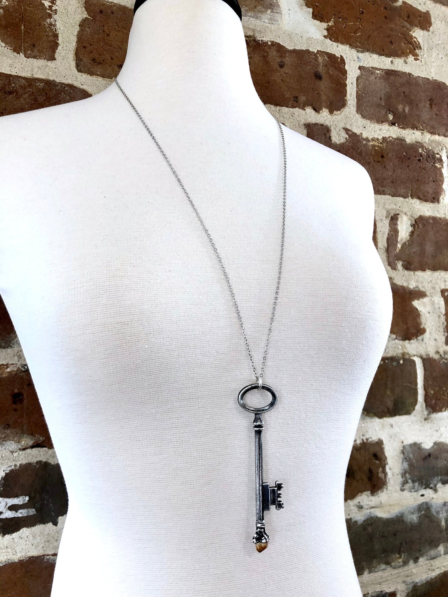 Raw Citrine Vintage Skeleton Key Necklace in Fine Silver / Foxlark Collection - One of a Kind