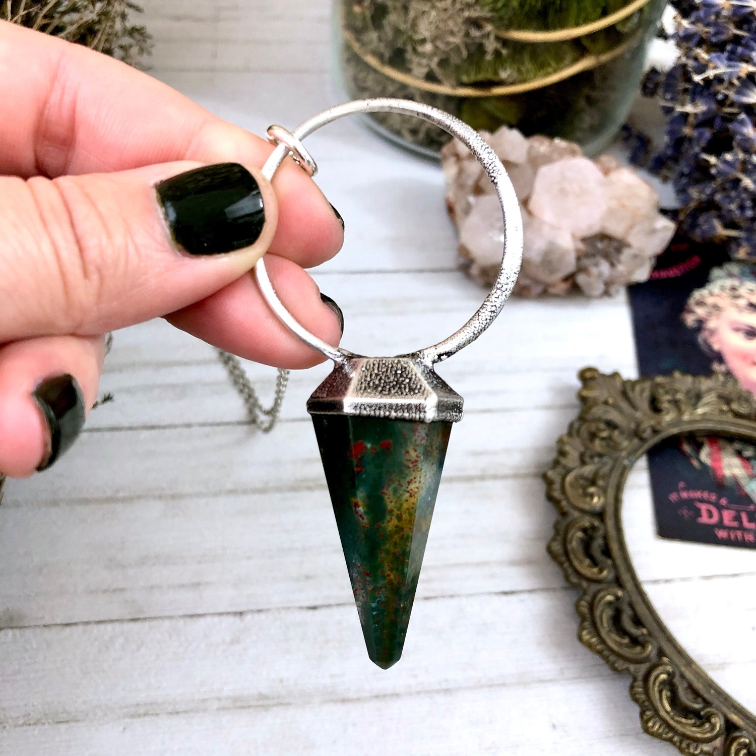 Silver Crystal Pendulum Necklace / Bloodstone Necklace in Silver
