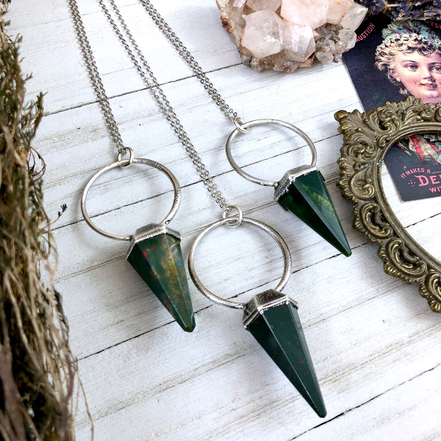Silver Crystal Pendulum Necklace / Bloodstone Necklace in Silver