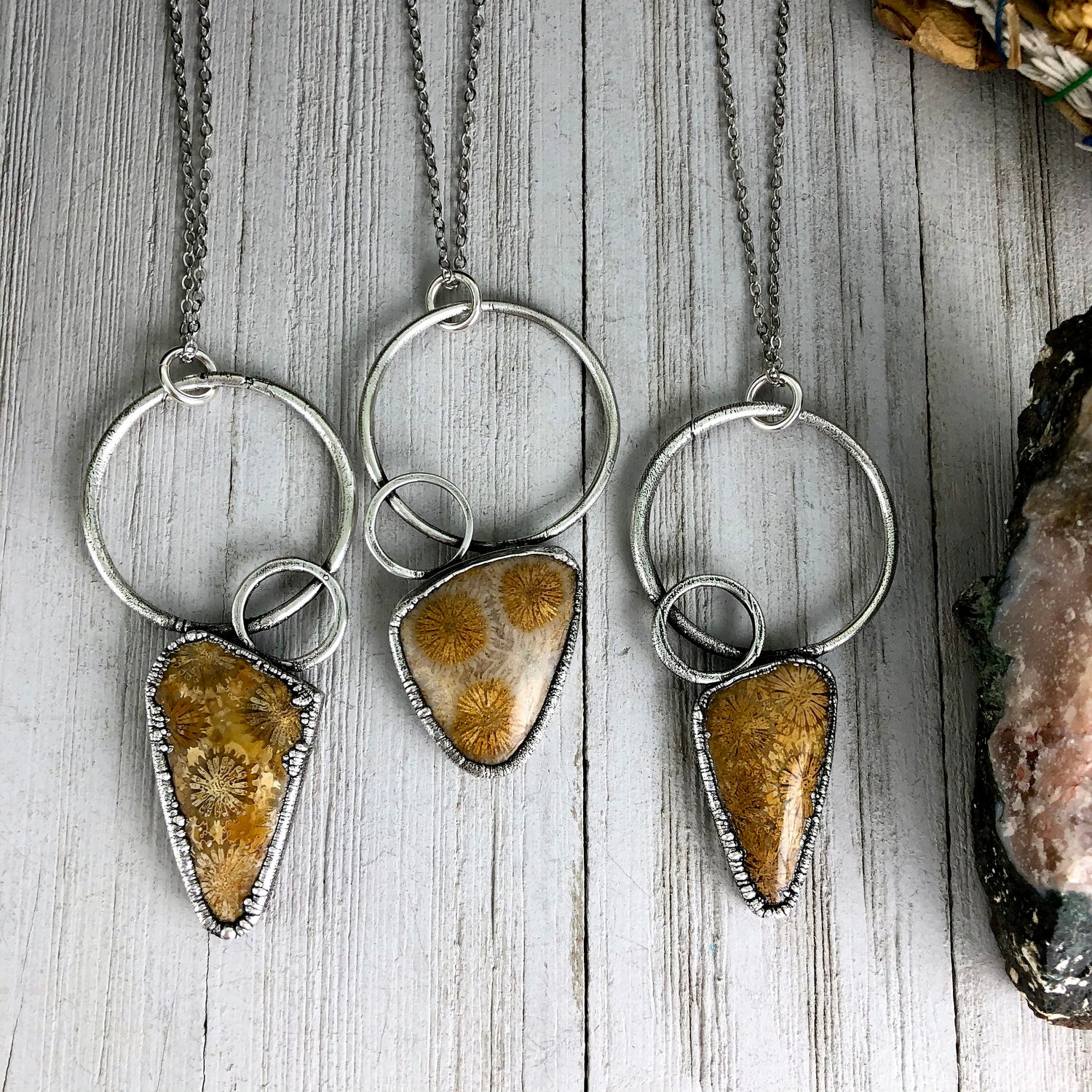 Boho Natural Stone Necklace in Silver / Fossilized Coral Jewelry For Woman / Crystal Pendant Bohemian Fashion