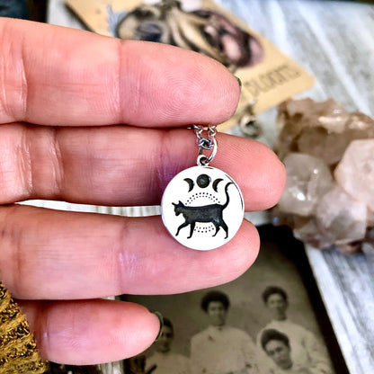 Tiny Talisman Collection - Sterling Silver Black Cat & Moon Phase Necklace Pendant  15mm  /.