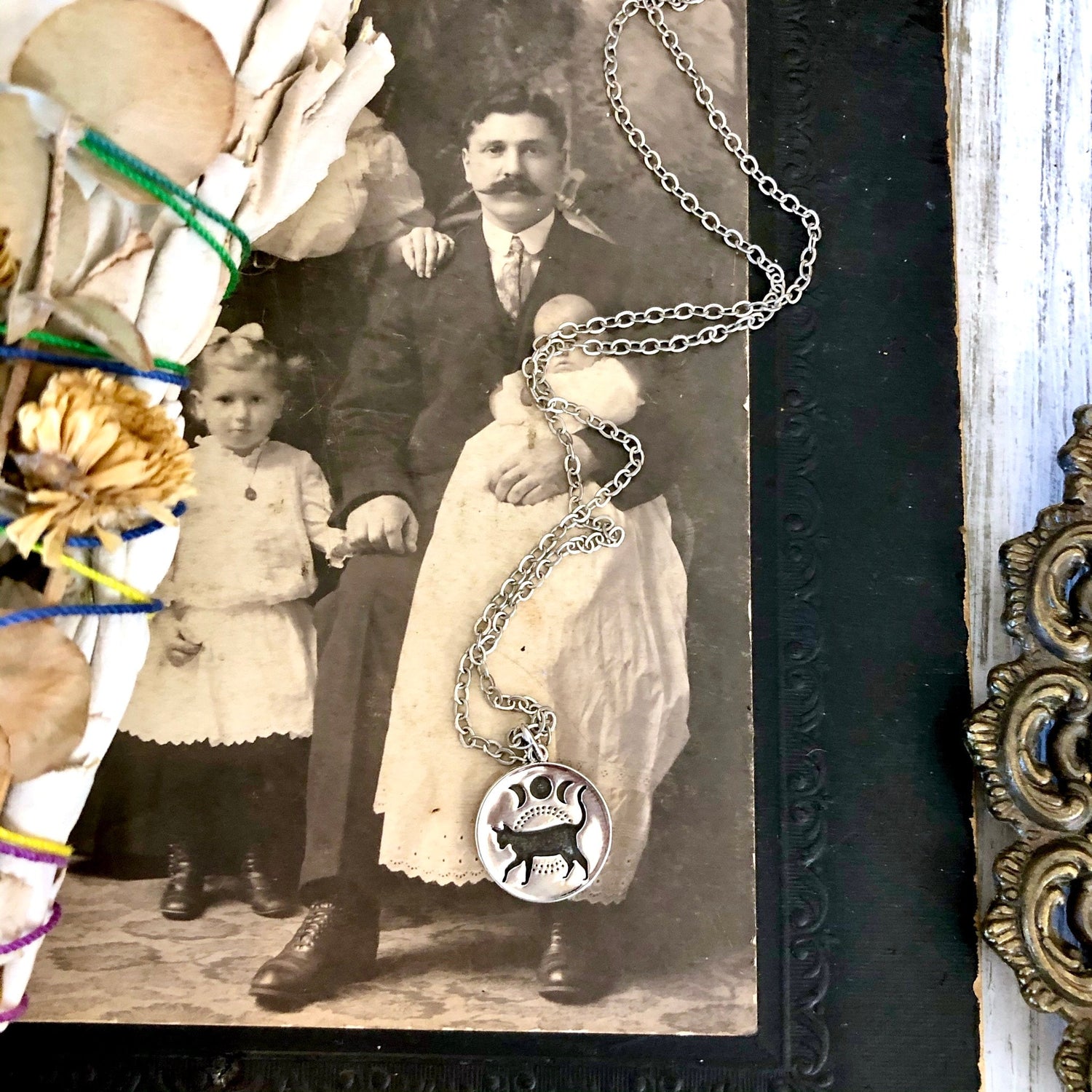 Tiny Talisman Collection - Sterling Silver Black Cat & Moon Phase Necklace Pendant 15mm / Curated Collection