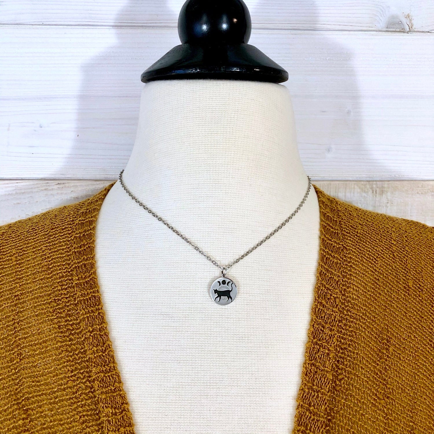 Tiny Talisman Collection - Sterling Silver Black Cat & Moon Phase Necklace Pendant 15mm / Curated Collection