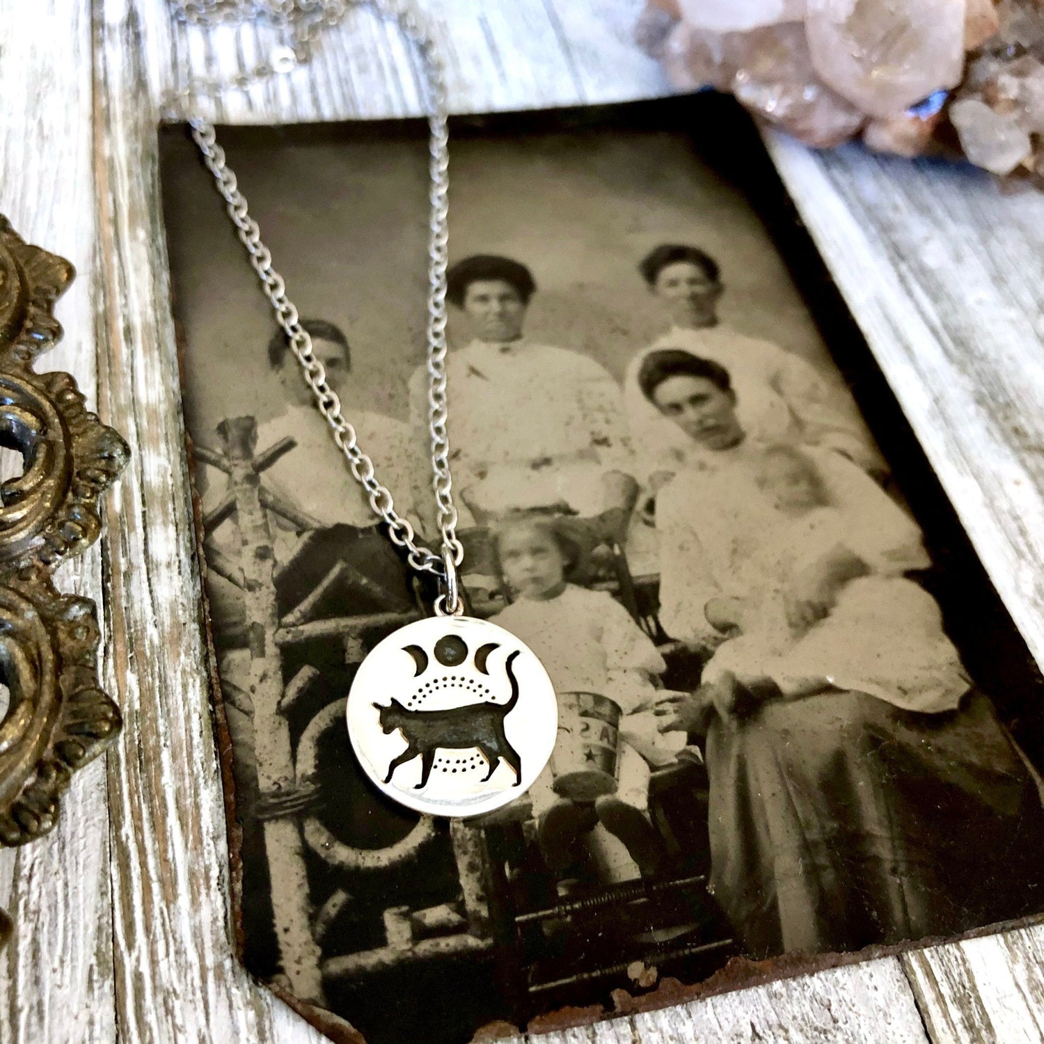 Tiny Talisman Collection - Sterling Silver Black Cat & Moon Phase Necklace Pendant 15mm / Curated Collection
