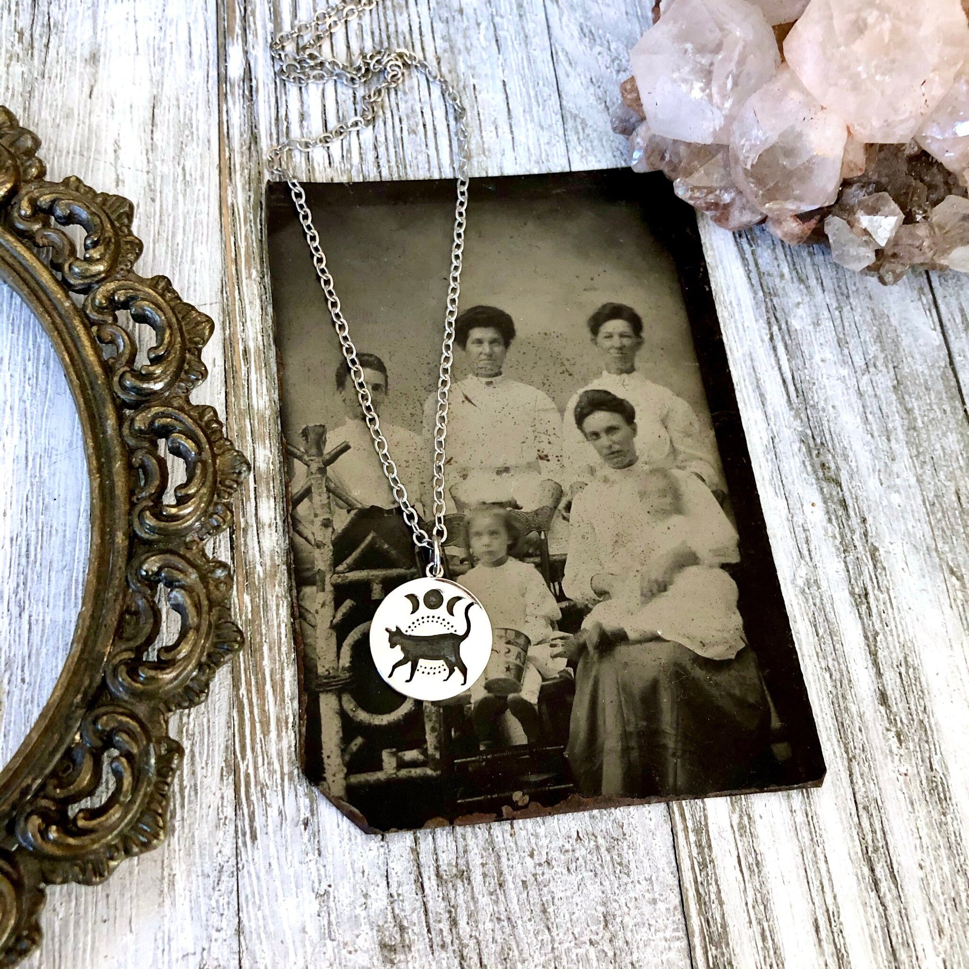 Tiny Talisman Collection - Sterling Silver Black Cat & Moon Phase Necklace Pendant  15mm  /.