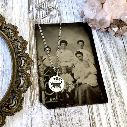 Tiny Talisman Collection - Sterling Silver Black Cat & Moon Phase Necklace Pendant  15mm  /.