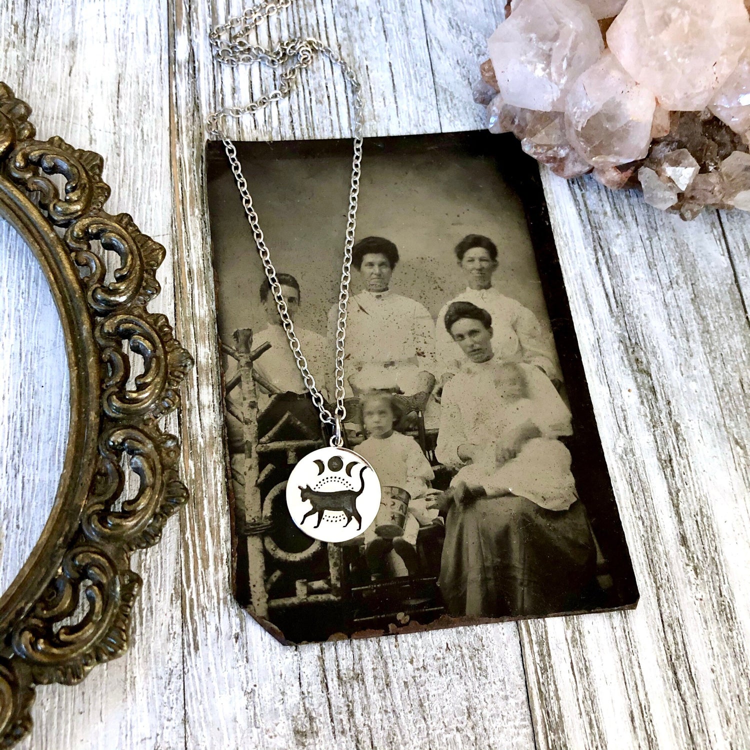Tiny Talisman Collection - Sterling Silver Black Cat & Moon Phase Necklace Pendant 15mm / Curated Collection