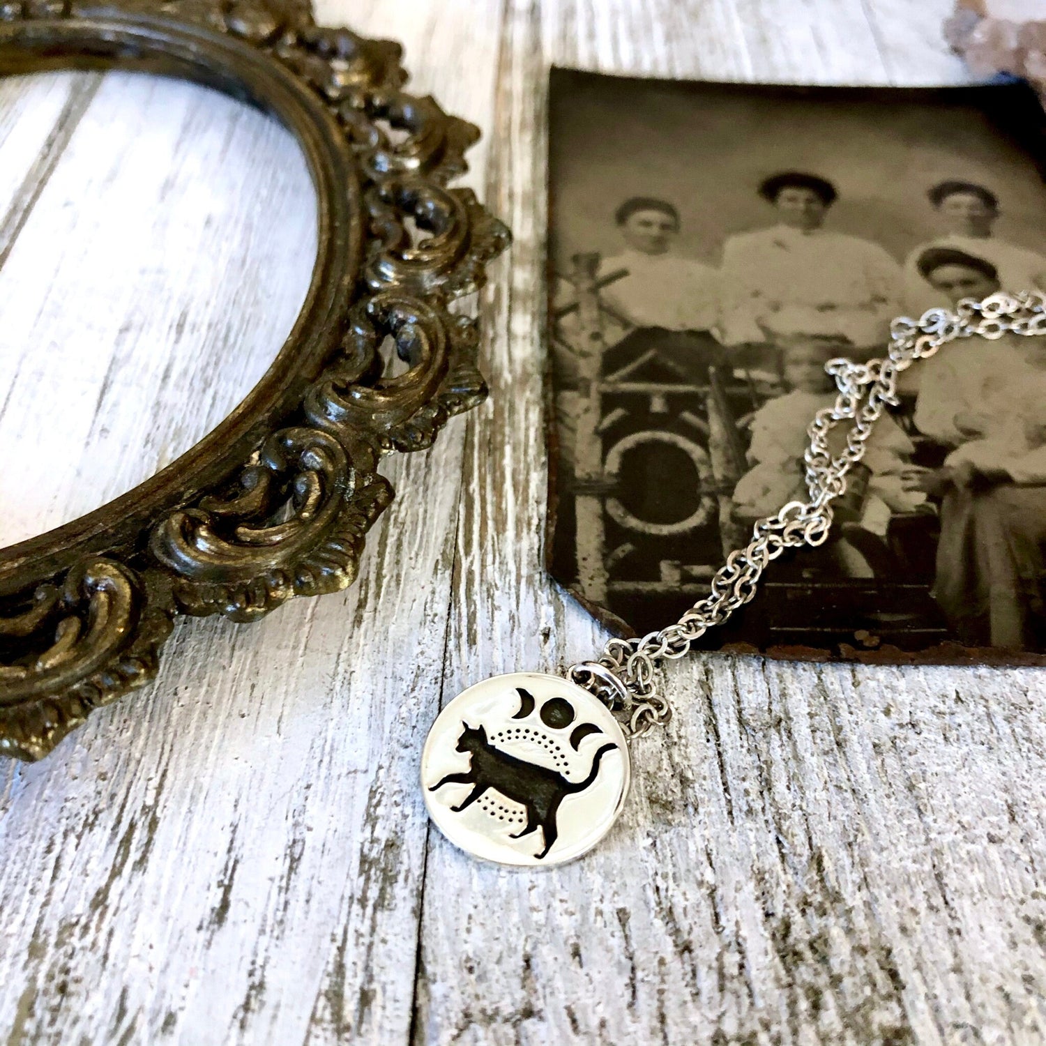 Tiny Talisman Collection - Sterling Silver Black Cat & Moon Phase Necklace Pendant 15mm / Curated Collection