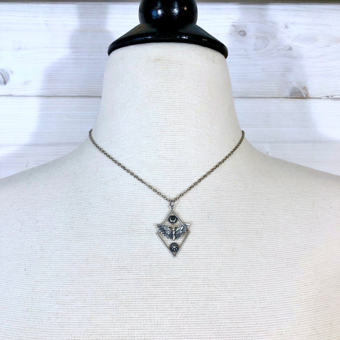 Tiny Talisman Collection - Sterling Silver Geometric Moth Necklace with Sun and Moon 32x21mm /