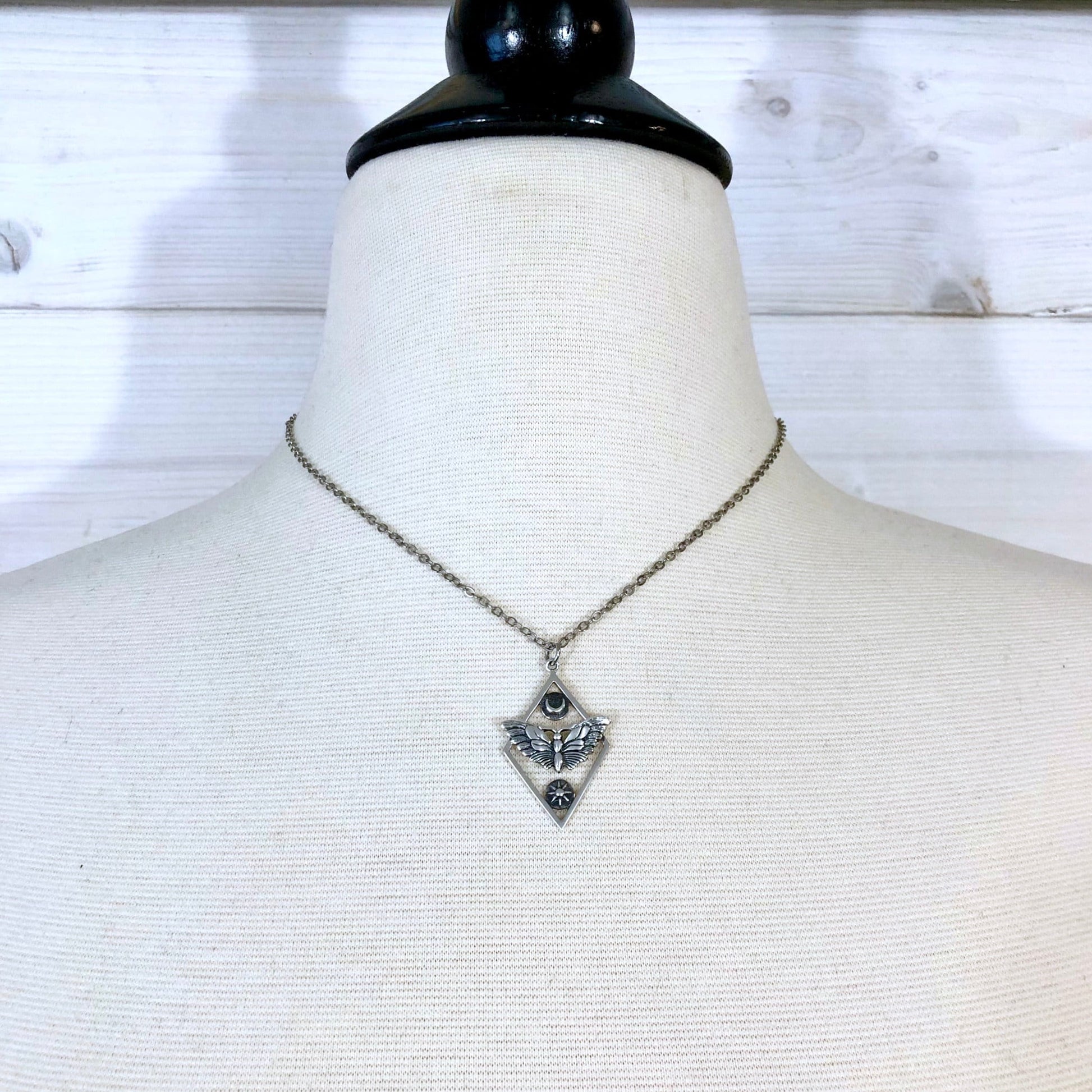 Tiny Talisman Collection - Sterling Silver Geometric Moth Necklace with Sun and Moon 32x21mm /