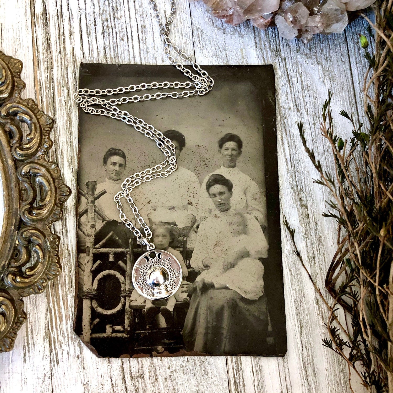 Tiny Talisman Collection - Sterling Silver Crystal Ball with Moon Phases Necklace Pendant 15mm / Curated Collection