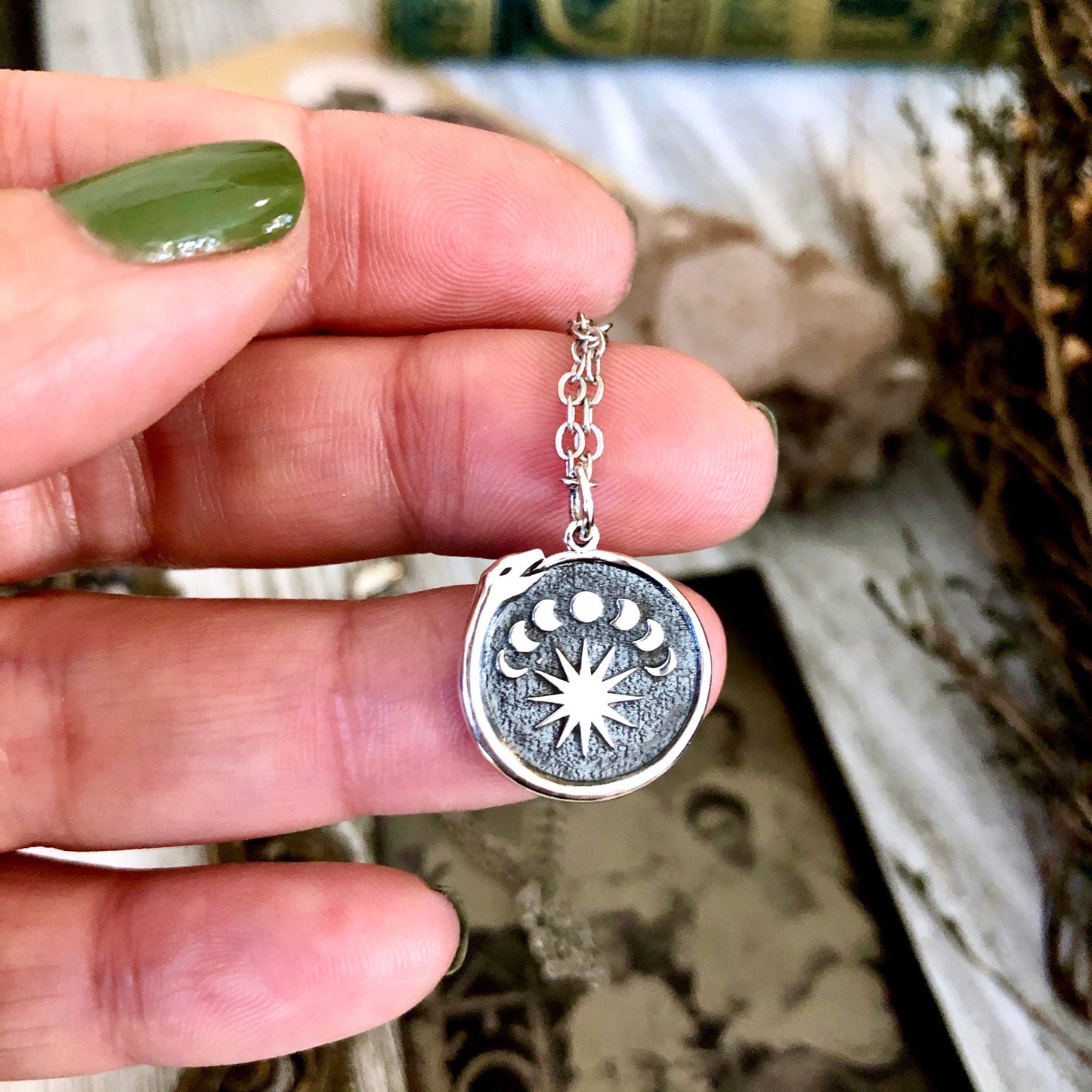 Tiny Talisman Collection - Sterling Silver Silver Ouroboros with Moon Phases Necklace Pendant 15mm /