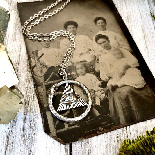Tiny Talisman Collection - Sterling Silver All Seeing Eye and Ouroboros Necklace Pendant 21x21mm  /.