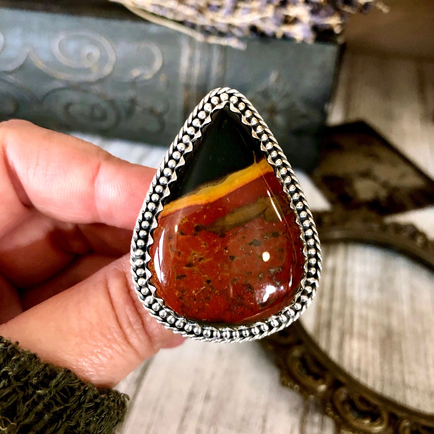 Size 5.5 Huge Bloodstone Statement Ring Set in Sterling Silver / Curated by FOXLARK Collection