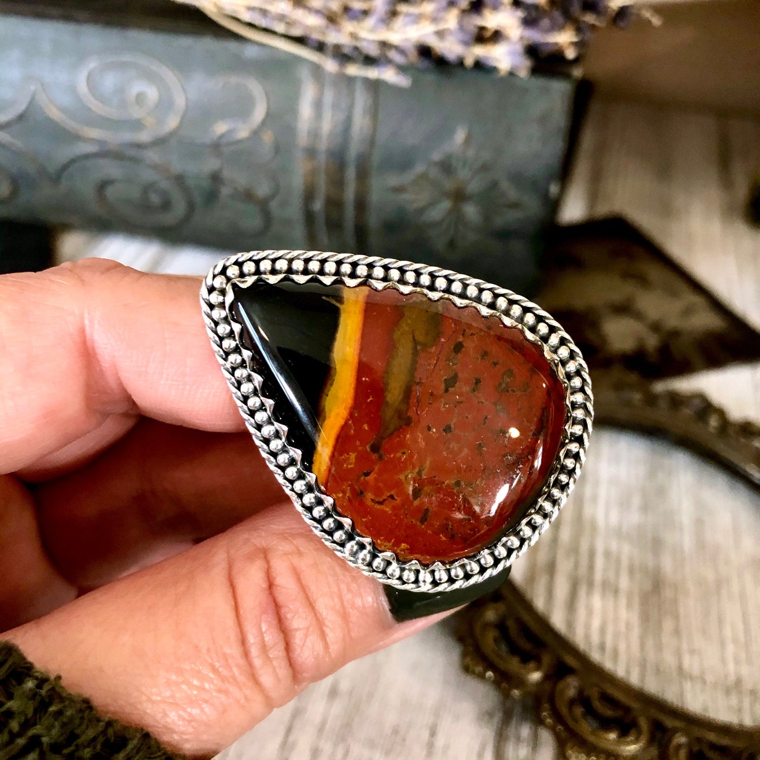 Size 5.5 Huge Bloodstone Statement Ring Set in Sterling Silver / Curated by FOXLARK Collection