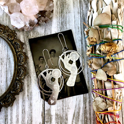 Fortune Teller Earrings Sterling Silver & Stainless Steel Earrings/  Evil Eye Moon Earrings  - Long Dangly Geometric Earrings.