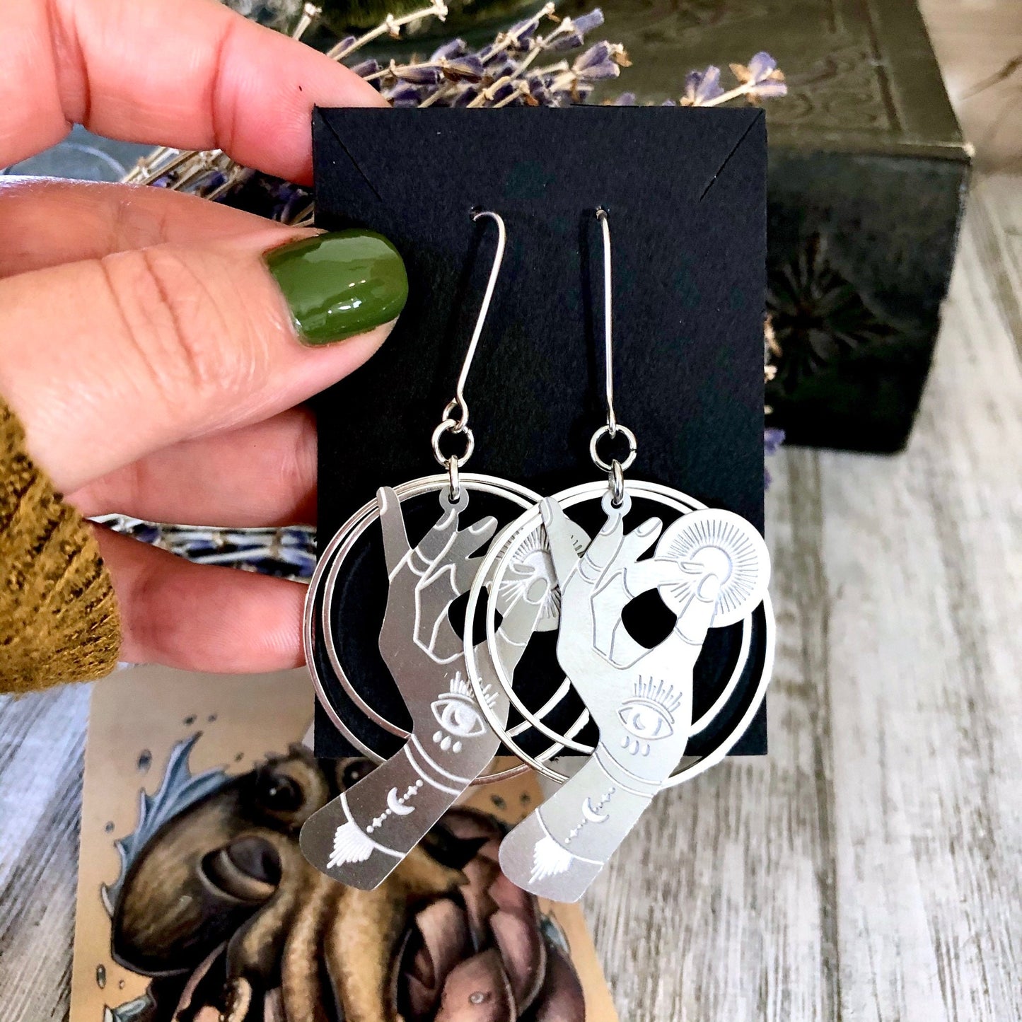 Fortune Teller Earrings Sterling Silver & Stainless Steel Earrings/  Evil Eye Moon Earrings  - Long Dangly Geometric Earrings.