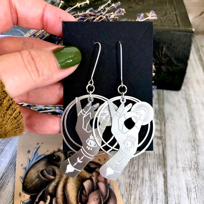 Fortune Teller Earrings Sterling Silver & Stainless Steel Earrings/  Evil Eye Moon Earrings  - Long Dangly Geometric Earrings.