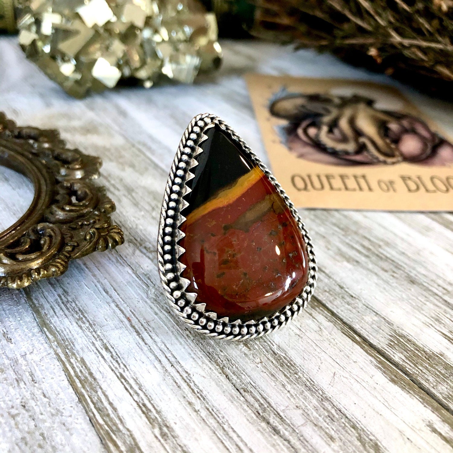 Size 5.5 Huge Bloodstone Statement Ring Set in Sterling Silver / Curated by FOXLARK Collection