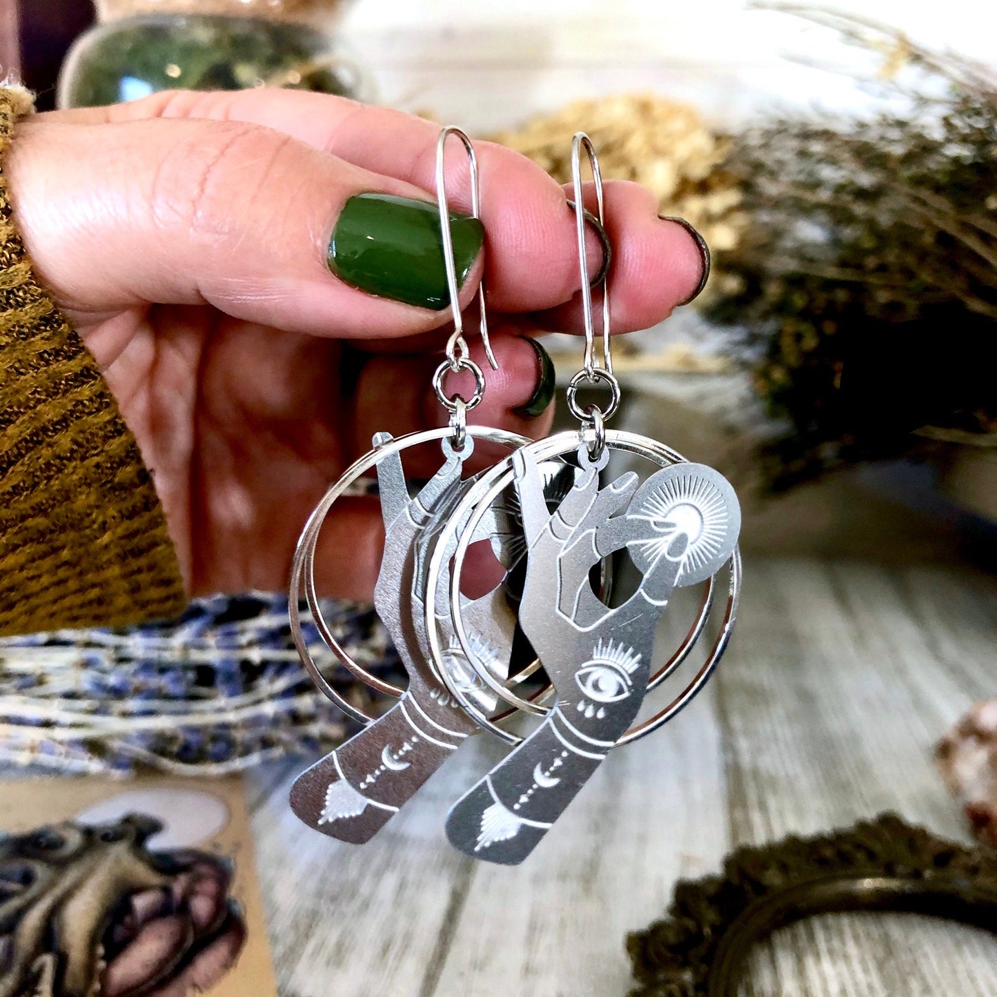 Fortune Teller Earrings Sterling Silver & Stainless Steel Earrings/  Evil Eye Moon Earrings  - Long Dangly Geometric Earrings.