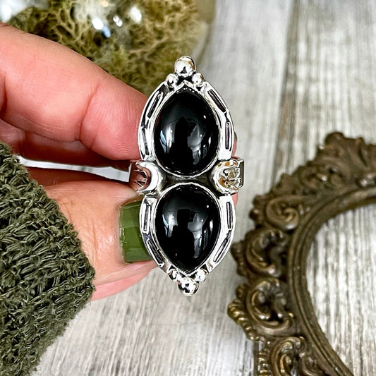 Mystic Moons Black Onyx Crystal Ring in Solid Sterling Silver- Designed by FOXLARK Collection Size 6 7 8 9 10 / Gothic Jewelry