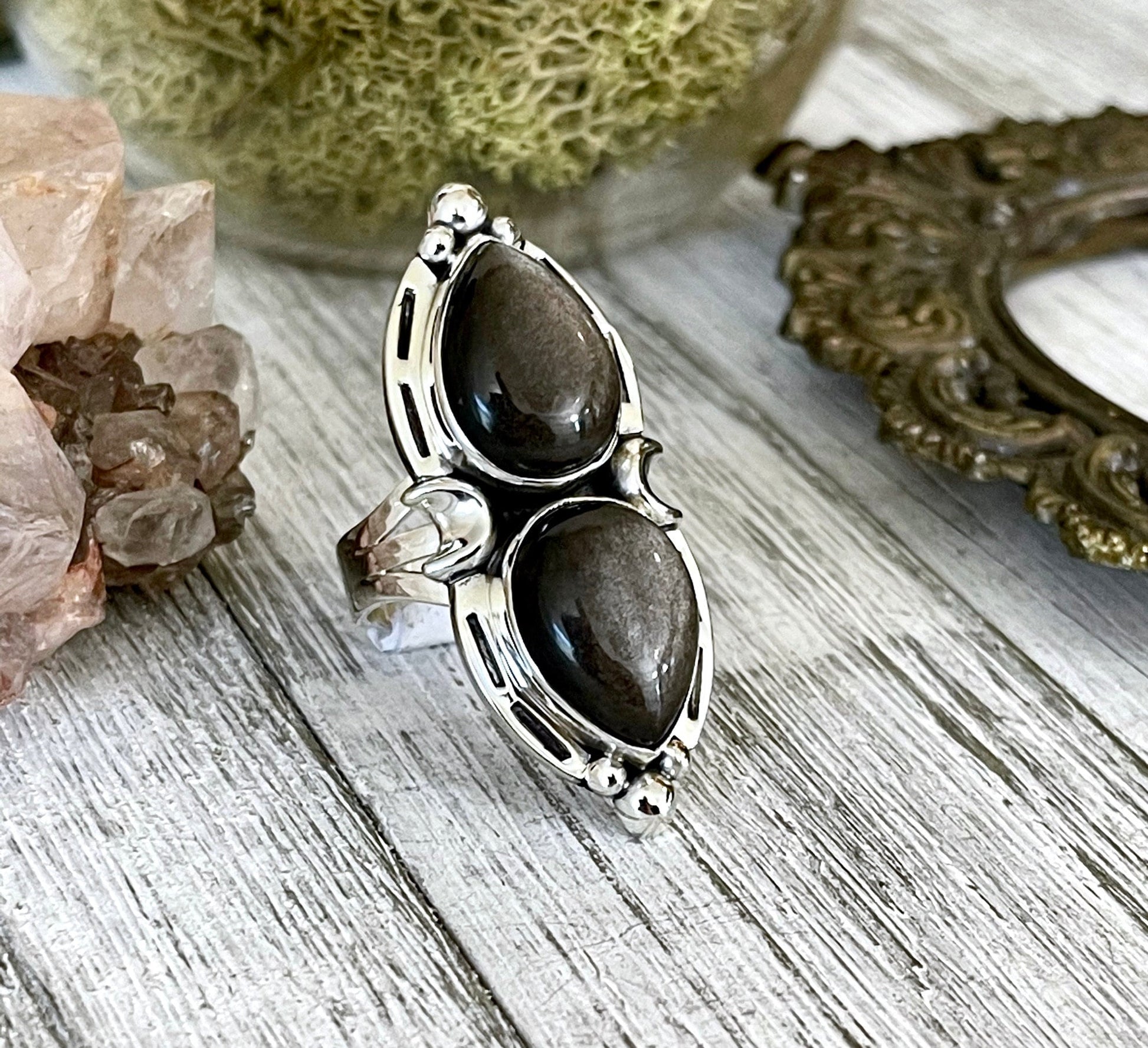 Mystic Moons Silver Sheen Obsidian Crystal Ring in Solid Sterling Silver- Designed by FOXLARK Collection Size 5 6 7 8 9 10 11 Adjustable.