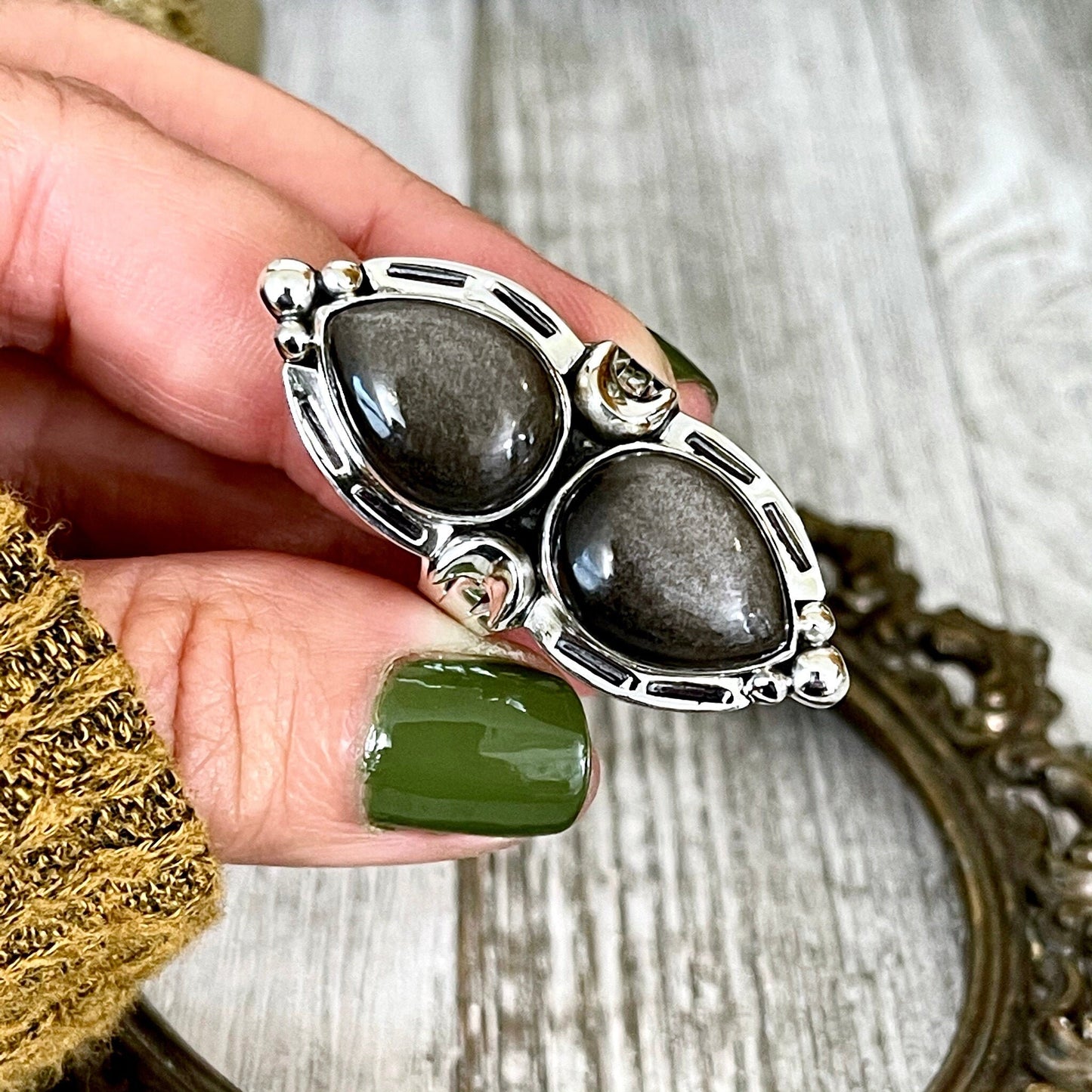 Mystic Moons Silver Sheen Obsidian Crystal Ring in Solid Sterling Silver- Designed by FOXLARK Collection Size 5 6 7 8 9 10 11 Adjustable.