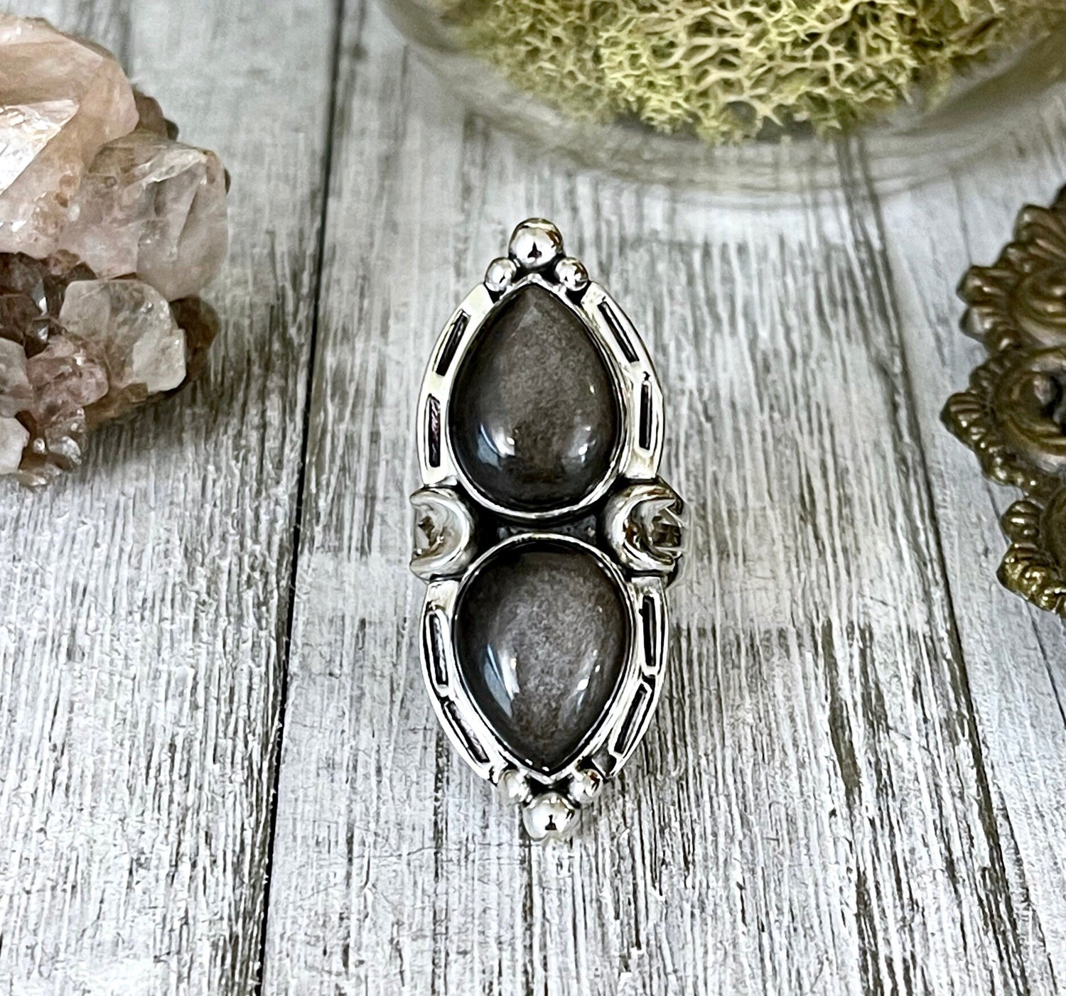 Mystic Moons Silver Sheen Obsidian Crystal Ring in Solid Sterling Silver- Designed by FOXLARK Collection Size 5 6 7 8 9 10 11 Adjustable