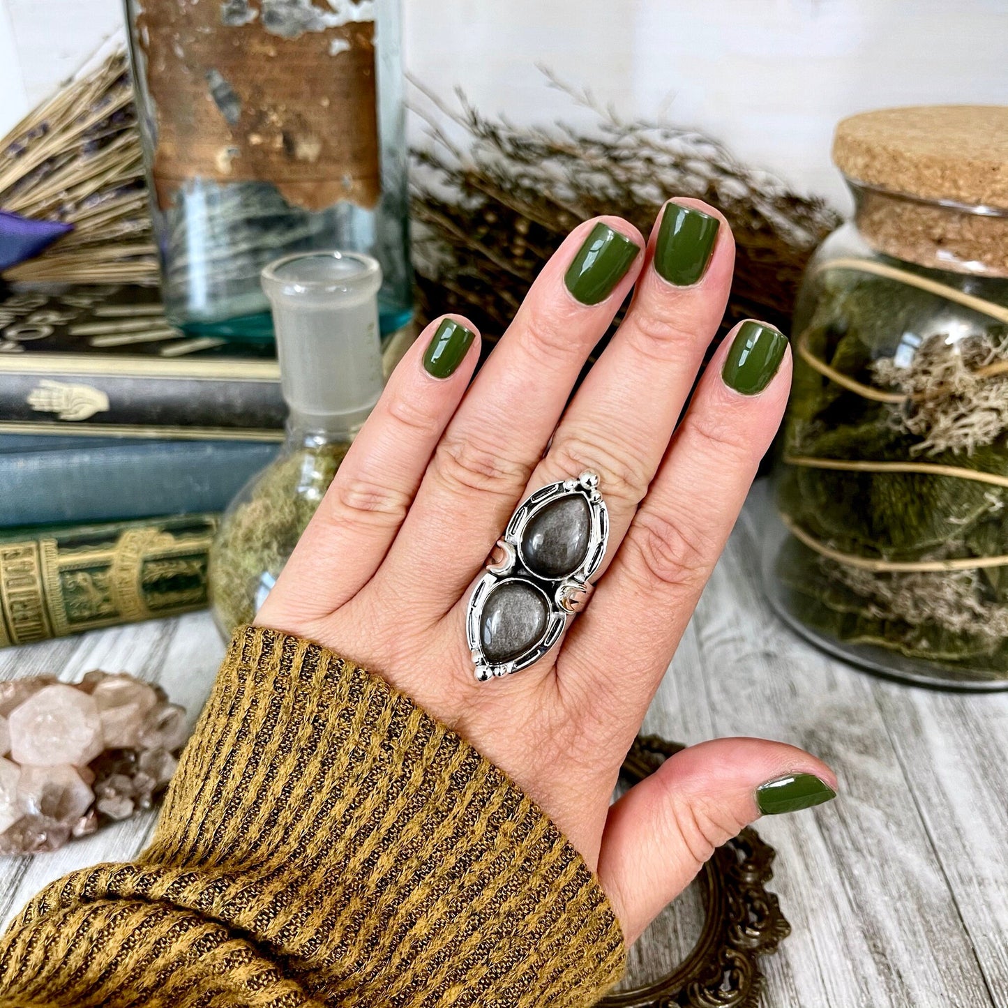 Mystic Moons Silver Sheen Obsidian Crystal Ring in Solid Sterling Silver- Designed by FOXLARK Collection Size 5 6 7 8 9 10 11 Adjustable.