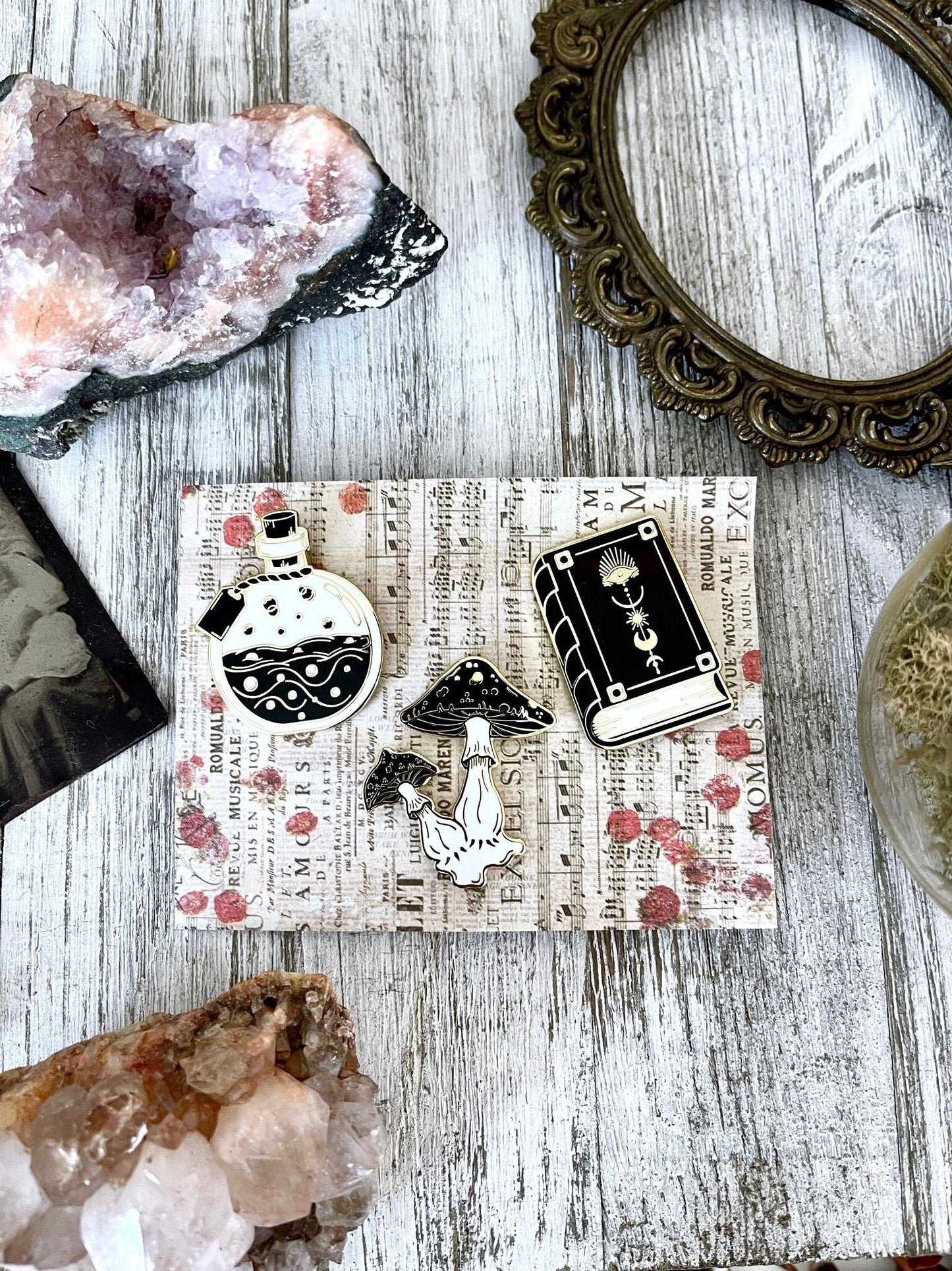 Witchy Pin Set  - Set Of 3 Witchy Enamel Pins- Mushroom Pin, Potion Bottle Pin, Witch Pin , Book Pin