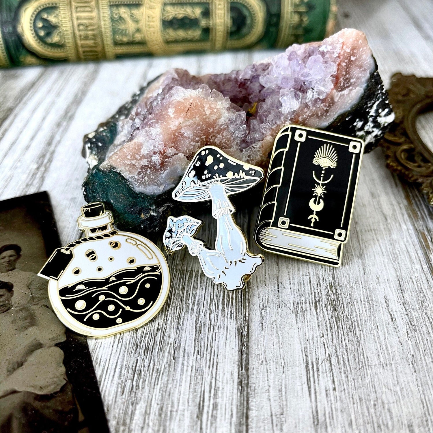 Accessories, cute pins, earthy pins, Enamel Pins, Etsy ID: 1017543096, goth pins, Mushroom Pin, Patches & Pins, Pin Set, Pins & Pinback Buttons, Potion Bottle Pin, Witch, Witch Jewelry, Witchy, Witchy Book Pin
