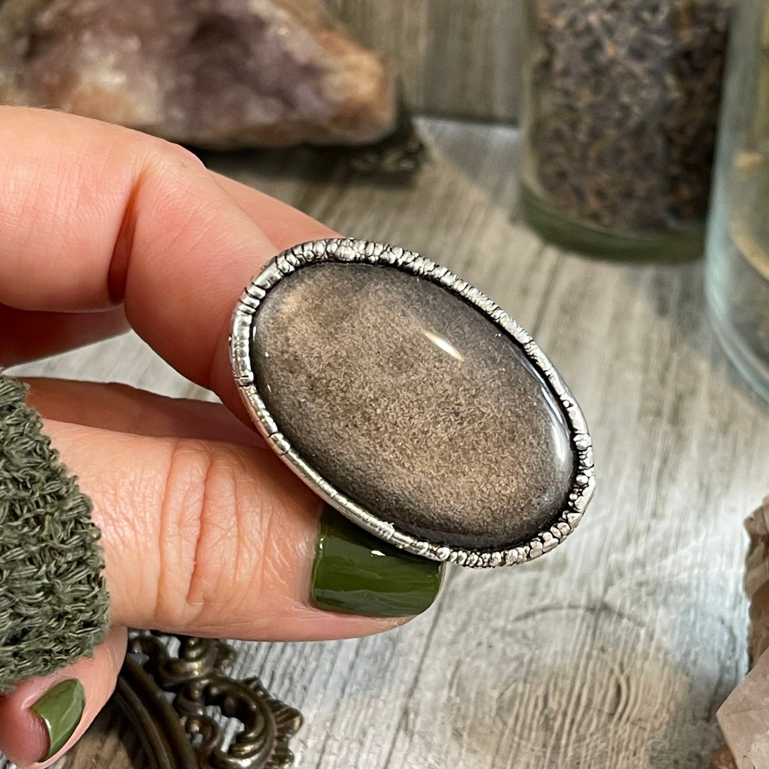 Size 6.5 Silver Sheen Obsidian Statement Ring in fine Silver / Foxlark Collection - One of a Kind