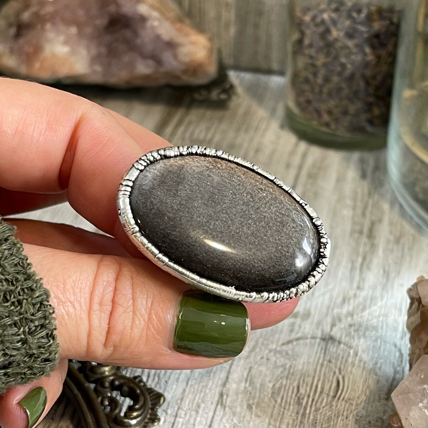 Size 6.5 Silver Sheen Obsidian Statement Ring in fine Silver / Foxlark Collection - One of a Kind