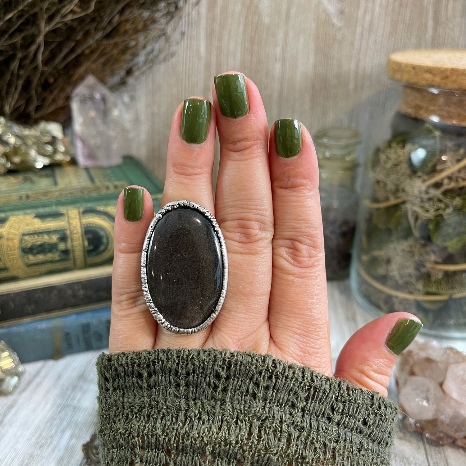 Size 6.5 Silver Sheen Obsidian Statement Ring in fine Silver / Foxlark Collection - One of a Kind