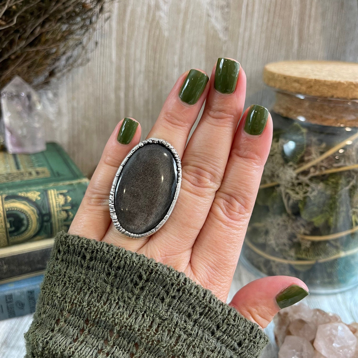 Size 6.5 Silver Sheen Obsidian Statement Ring in fine Silver / Foxlark Collection - One of a Kind