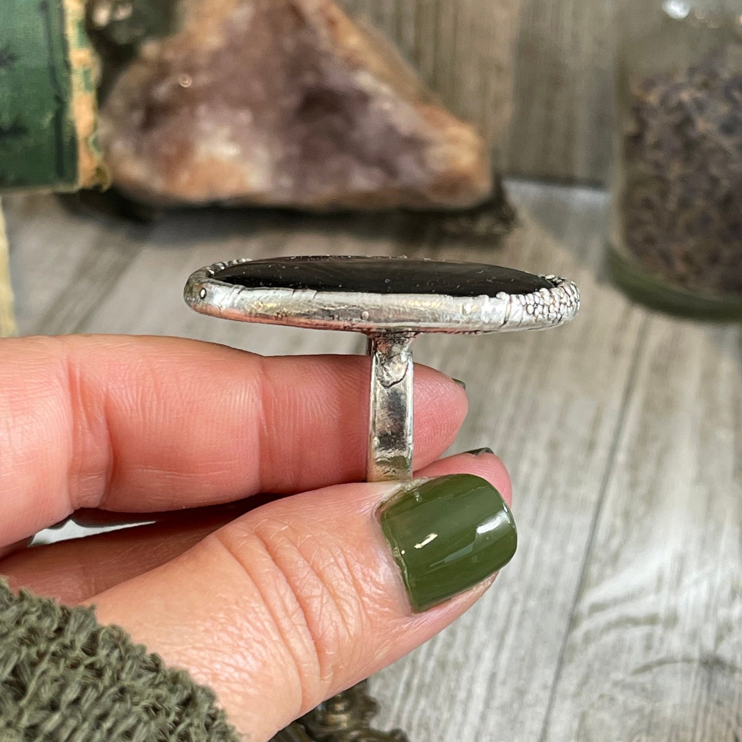 Size 6.5 Silver Sheen Obsidian Statement Ring in fine Silver / Foxlark Collection - One of a Kind