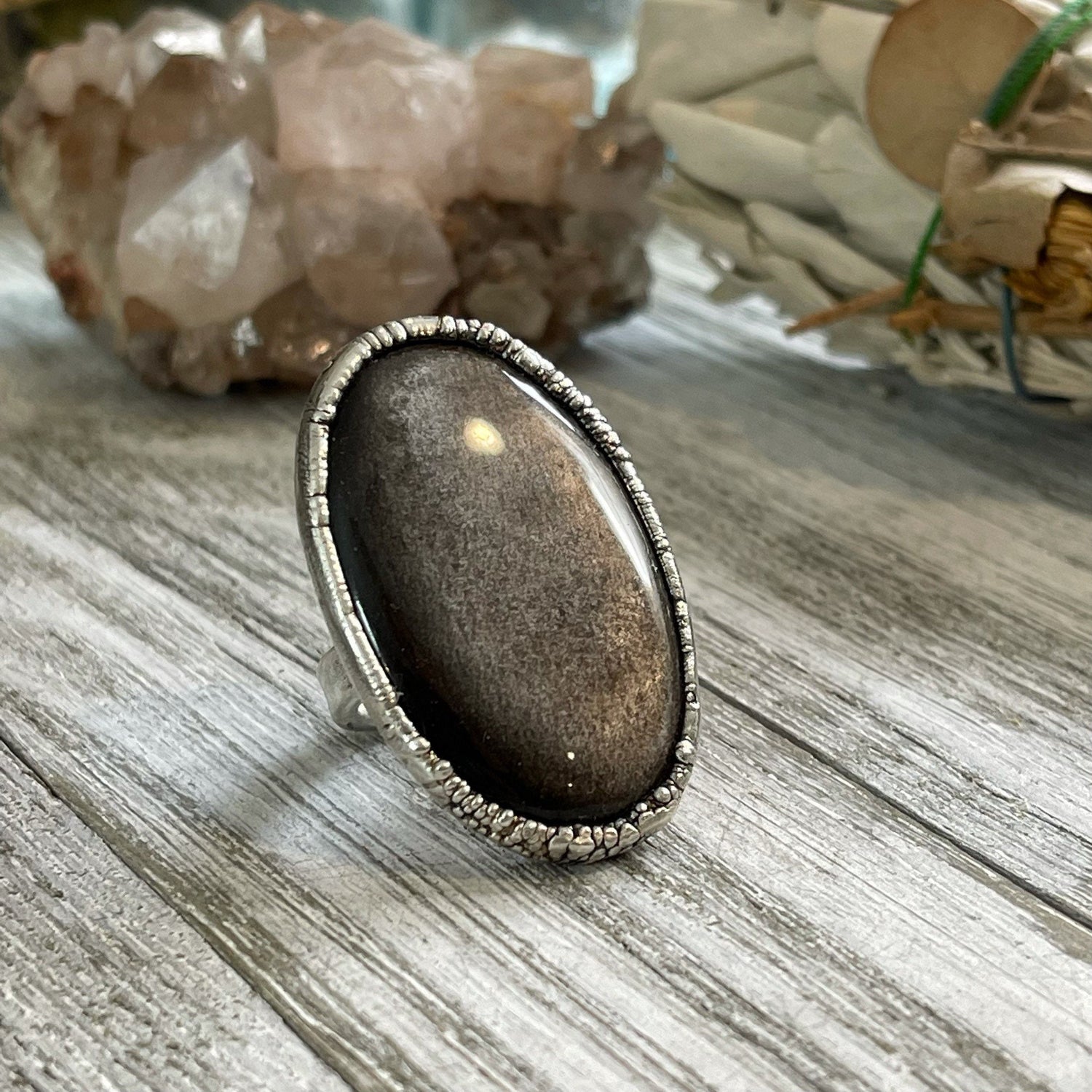 Size 6.5 Silver Sheen Obsidian Statement Ring in fine Silver / Foxlark Collection - One of a Kind