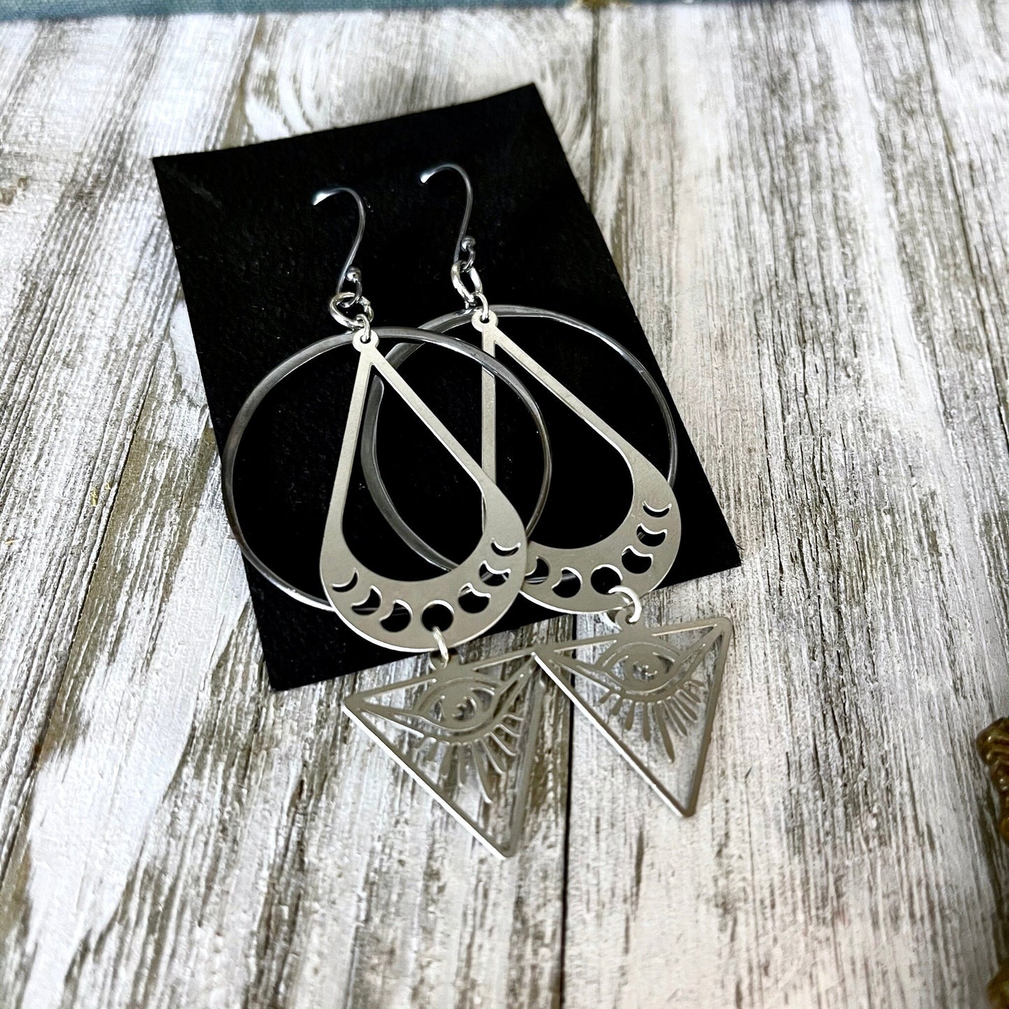 Sterling Silver & Stainless Steel Long Dangly All Seeing Eye Earrings with Silver Hoops