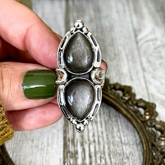 Mystic Moons Silver Sheen Obsidian Crystal Ring in Solid Sterling Silver- Designed by FOXLARK Collection Size 5 6 7 8 9 10 11 Adjustable - Foxlark Crystal Jewelry