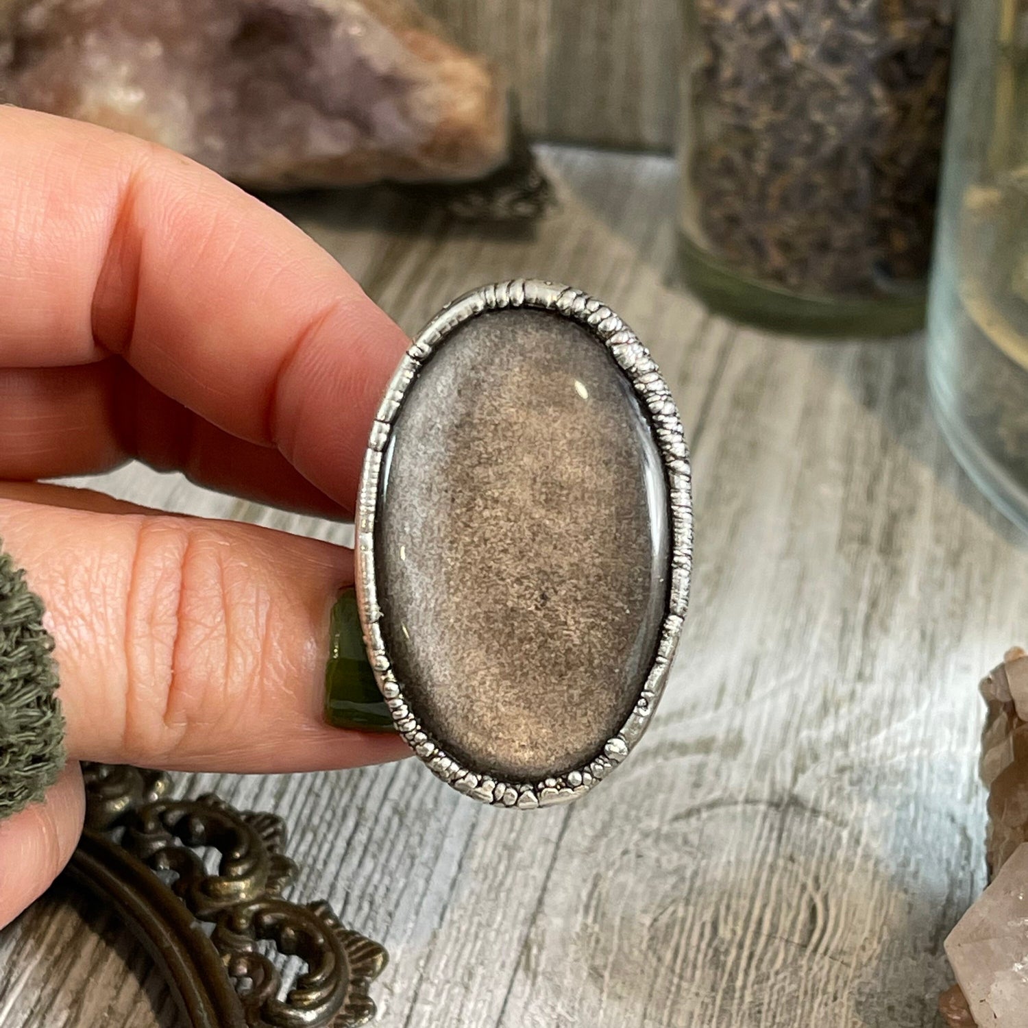 Size 6.5 Silver Sheen Obsidian Statement Ring in fine Silver / Foxlark Collection - One of a Kind
