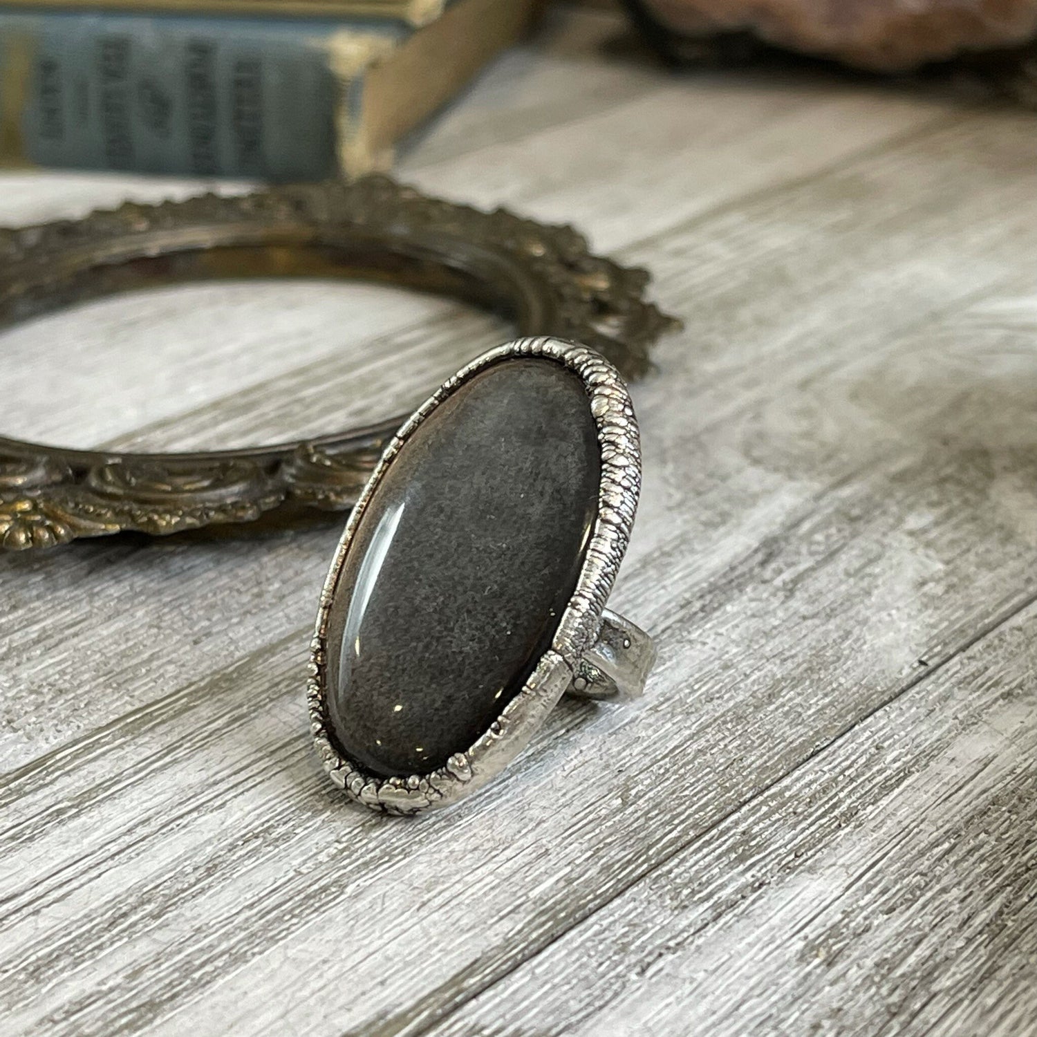 Size 6.5 Silver Sheen Obsidian Statement Ring in fine Silver / Foxlark Collection - One of a Kind