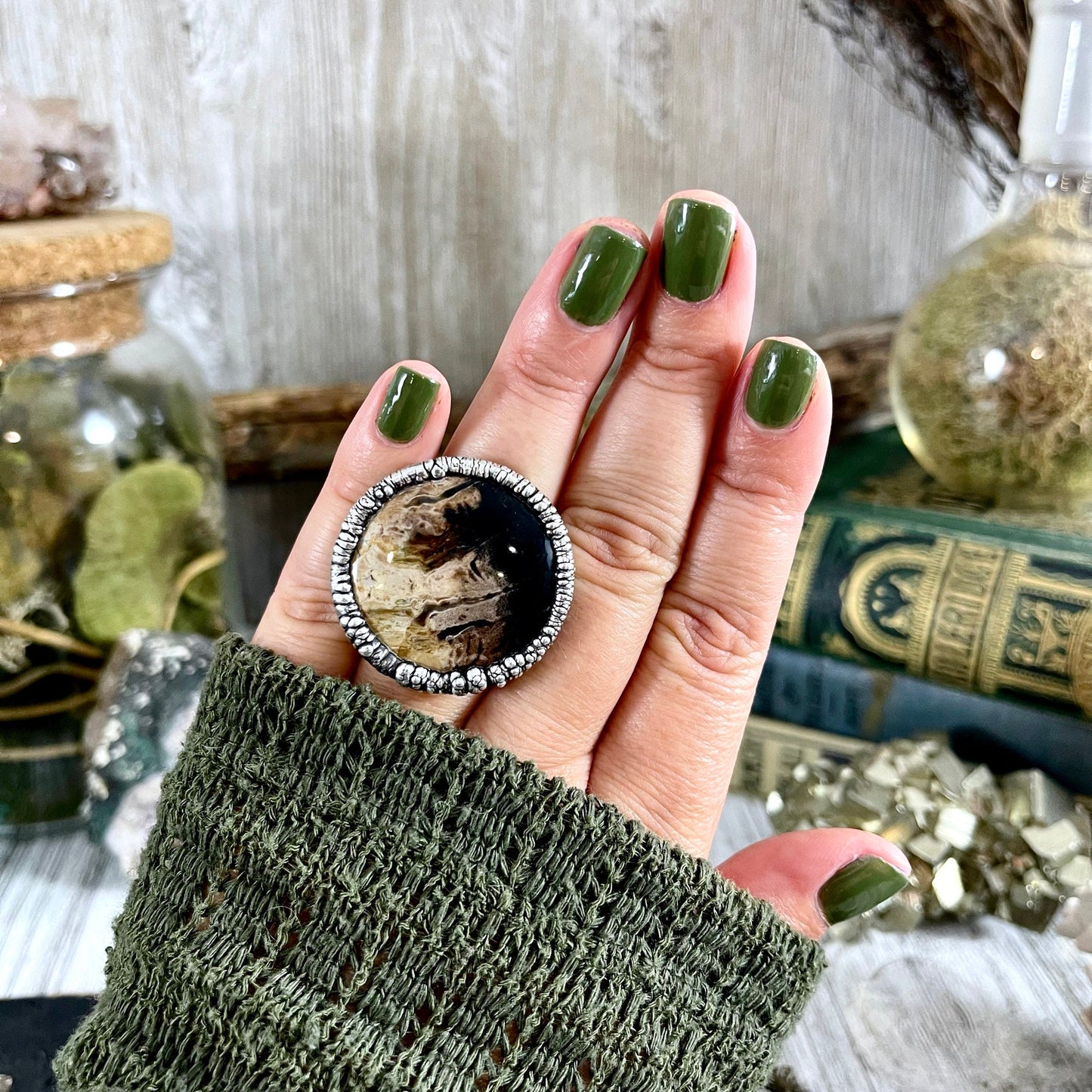 Size 6.5 Large Fossilized Palm Root Statement Ring in Fine Silver / Foxlark Collection - One of a Kind - Foxlark Crystal Jewelry
