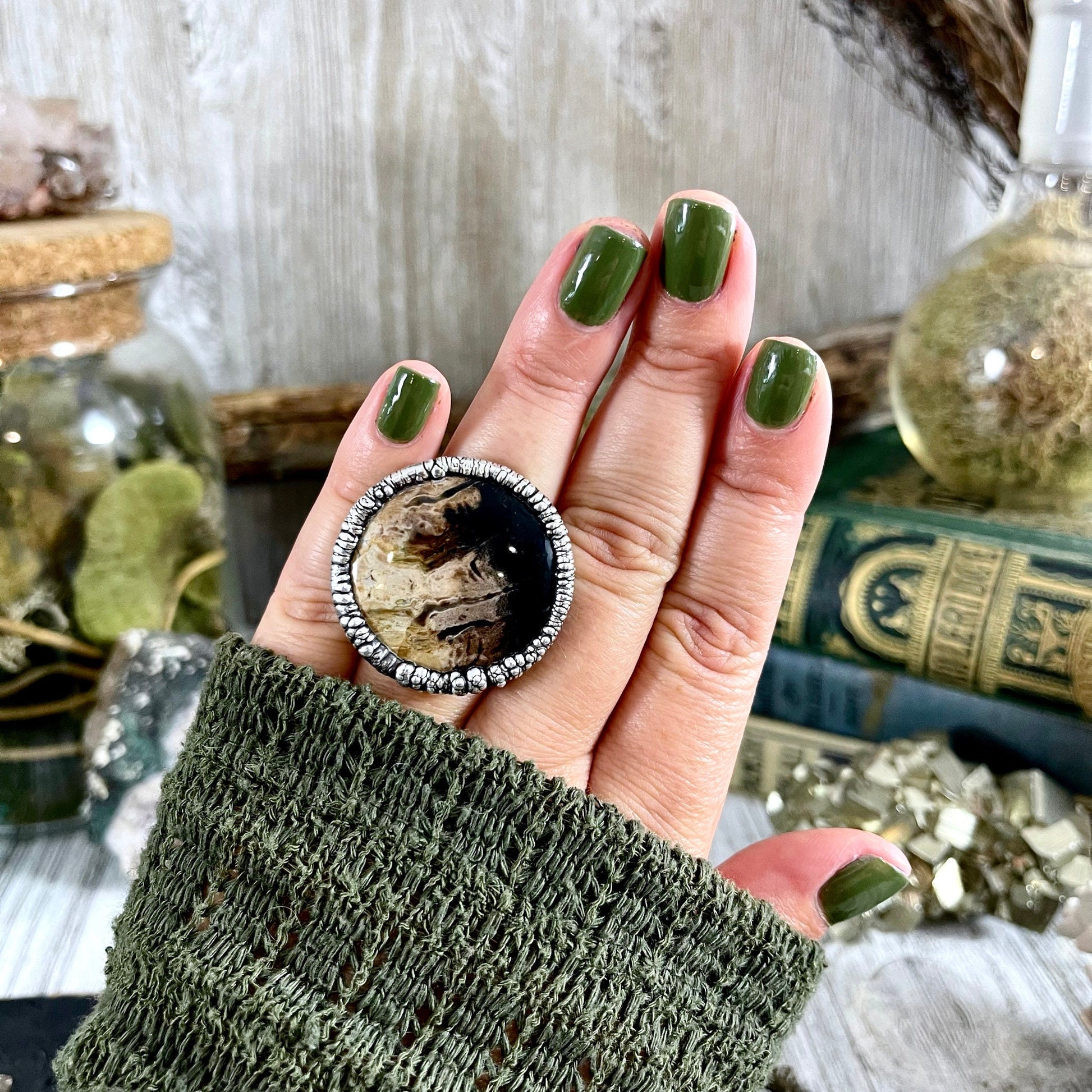 Size 6.5 Large Fossilized Palm Root Statement Ring in Fine Silver / Foxlark Collection - One of a Kind - Foxlark Crystal Jewelry