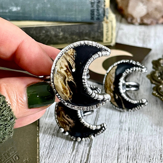 Crescent Moon Fossilized Palm Root Ring in Silver Size 5 6 7 8 9 10 / - Foxlark Crystal Jewelry