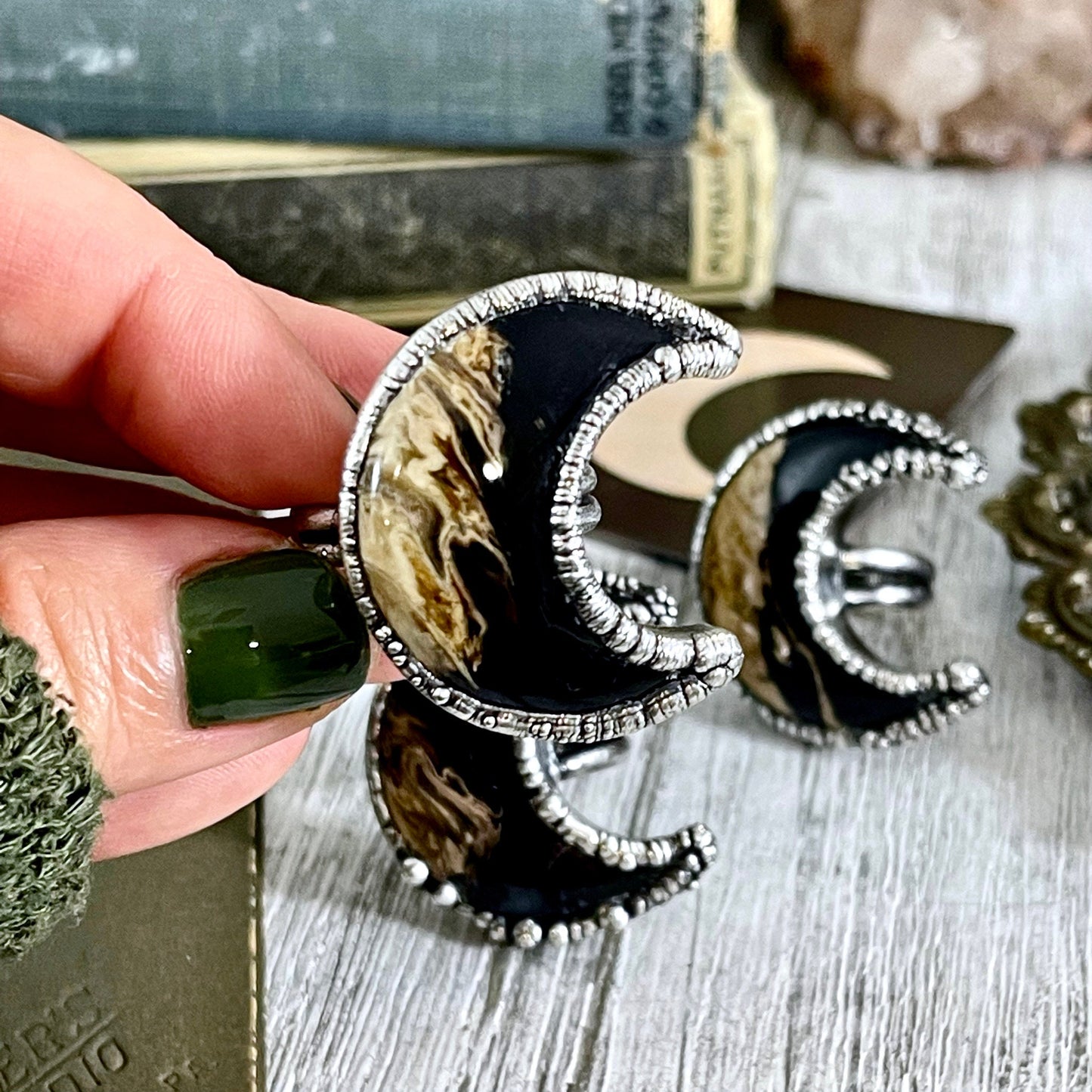 Crescent Moon Fossilized Palm Root Ring in Silver Size 5 6 7 8 9 10 / / Foxlark Collection - One of a Kind