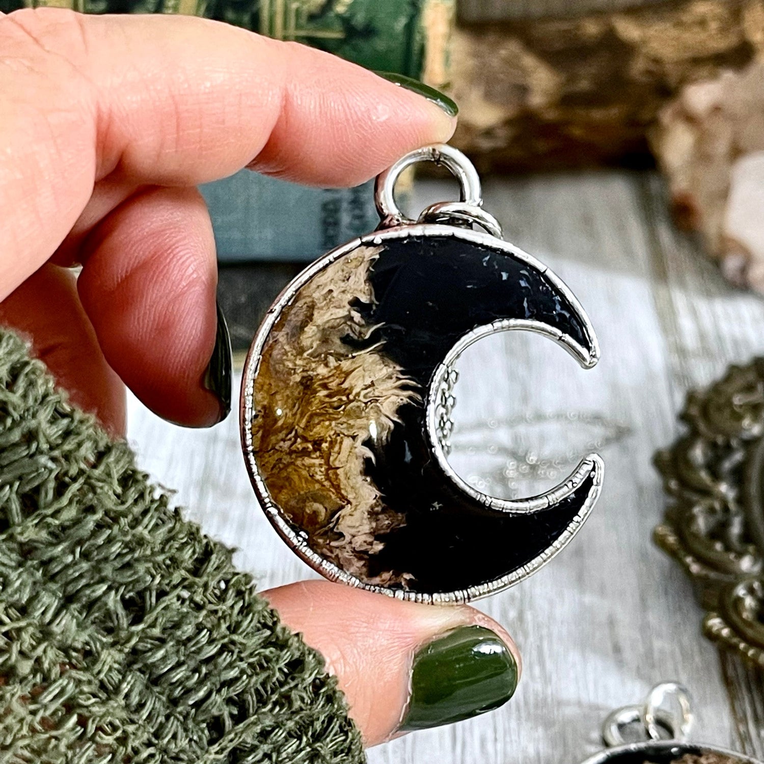 Fossilized Palm Root Crescent Moon Necklace in Fine Silver / Foxlark Collection - One of a Kind