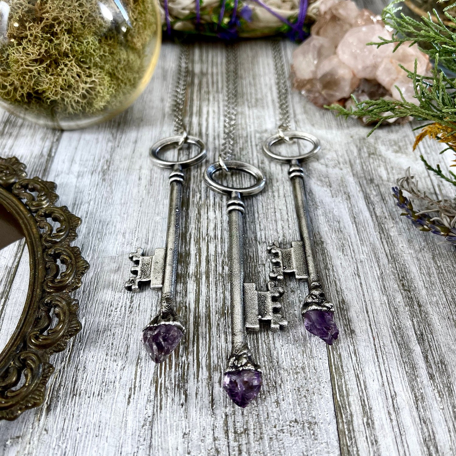 Raw Amethyst Crystal Vintage Skeleton Key Necklace Pendant in Fine Silver / Foxlark Collection - One of a Kind