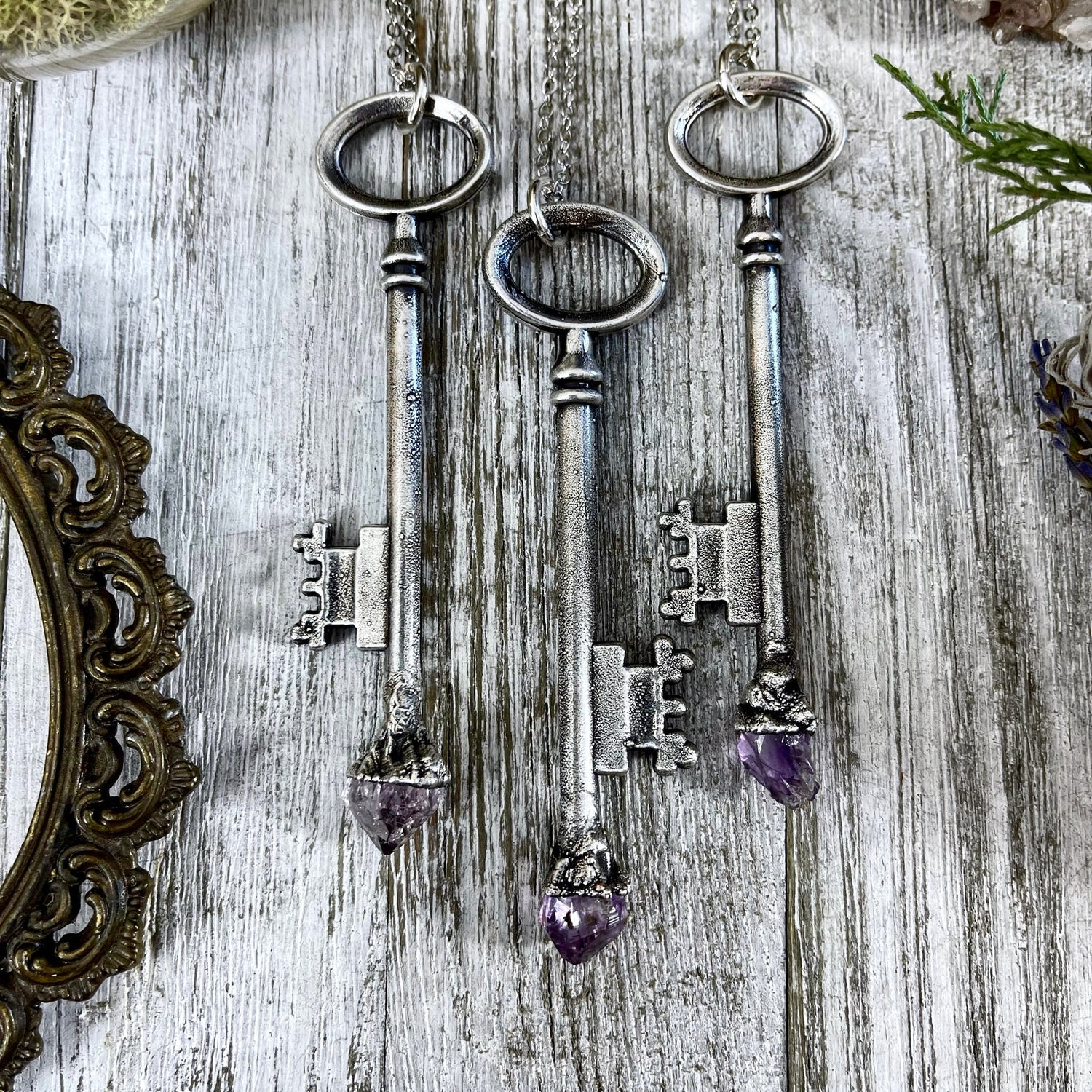 Raw Amethyst Crystal Vintage Skeleton Key Necklace Pendant in Fine Silver / Foxlark Collection - One of a Kind