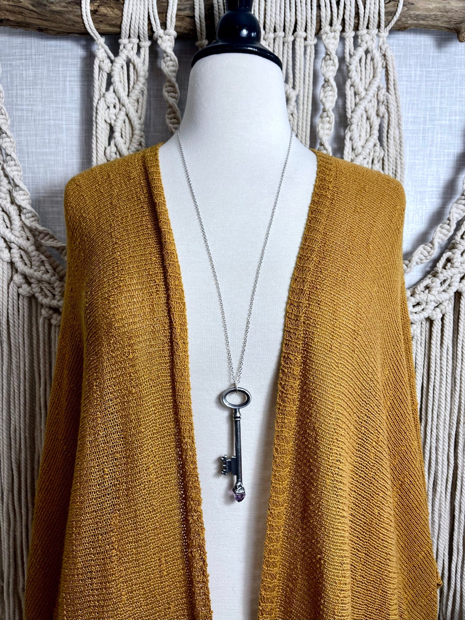 Raw Amethyst Crystal Vintage Skeleton Key Necklace Pendant in Fine Silver / Foxlark Collection - One of a Kind
