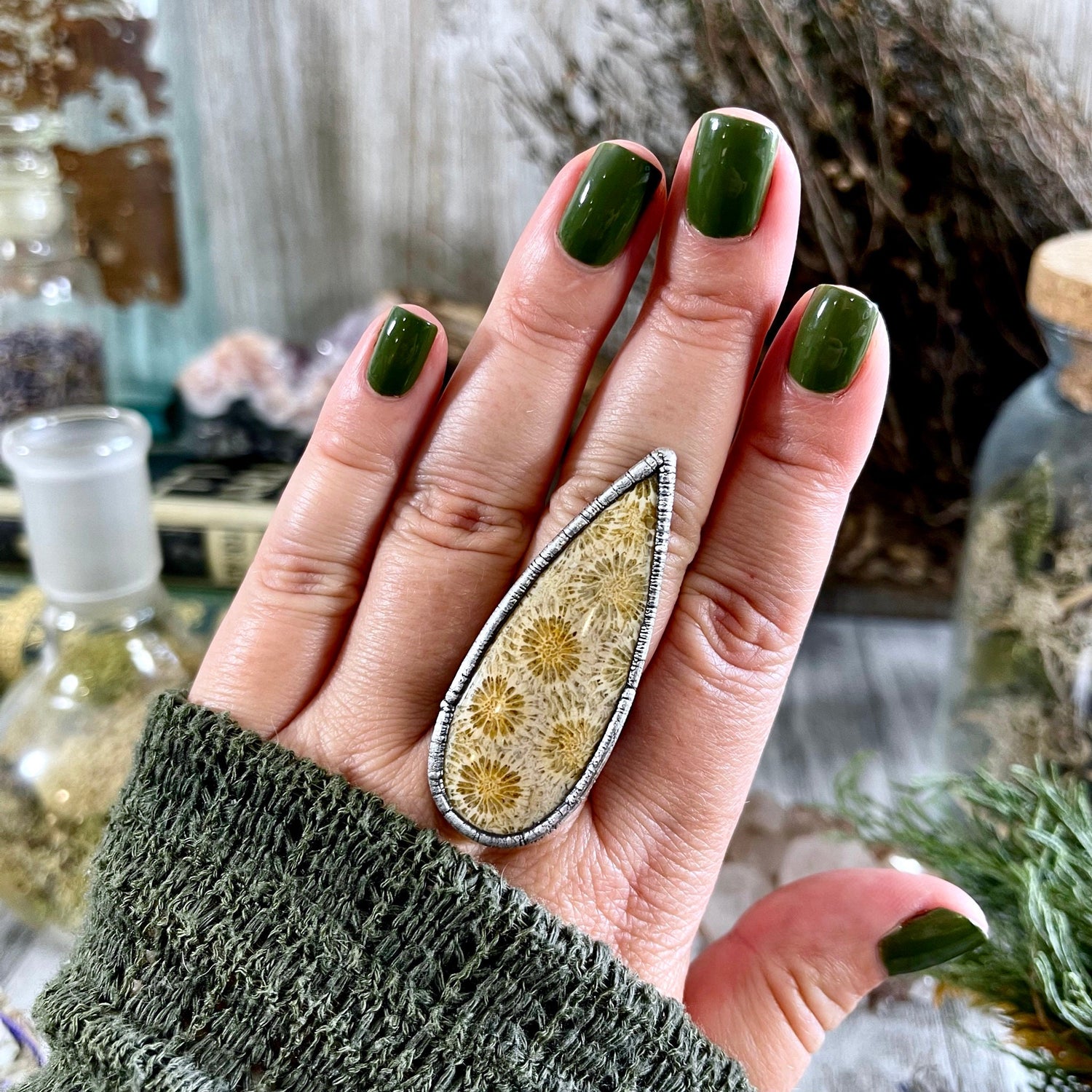 Size 8 Fossilized Coral Silver Statement Ring / Foxlark Collection - One of a Kind